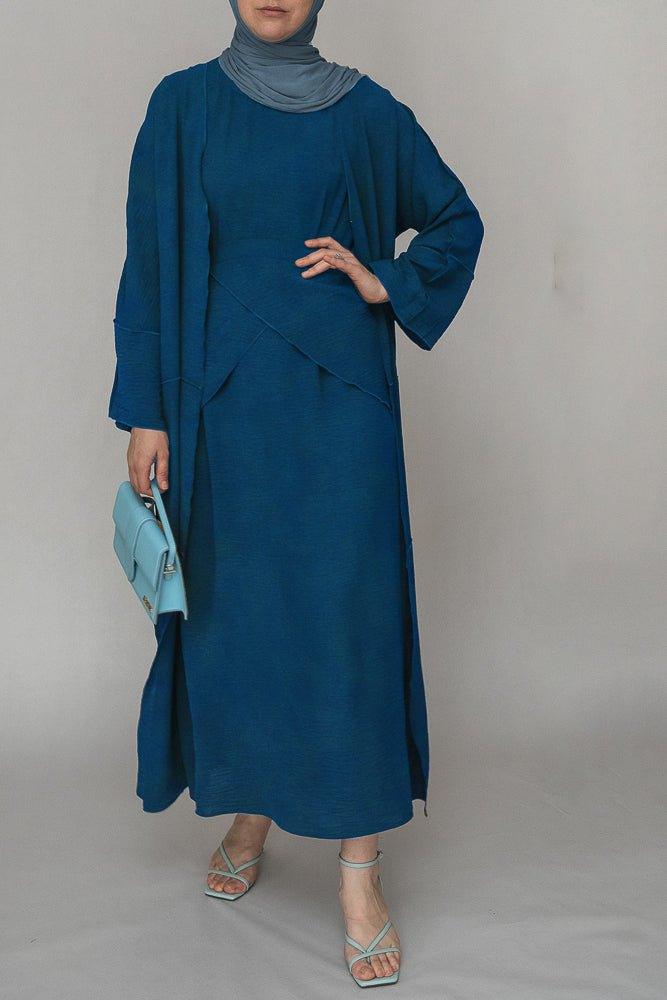 Blue three piece maxi abaya with apron and inside out stitching - ANNAH HARIRI