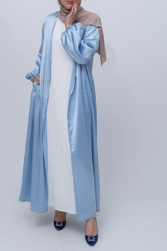 Brontei open front abaya throw over in baby blue with pockets and a detachable belt - ANNAH HARIRI
