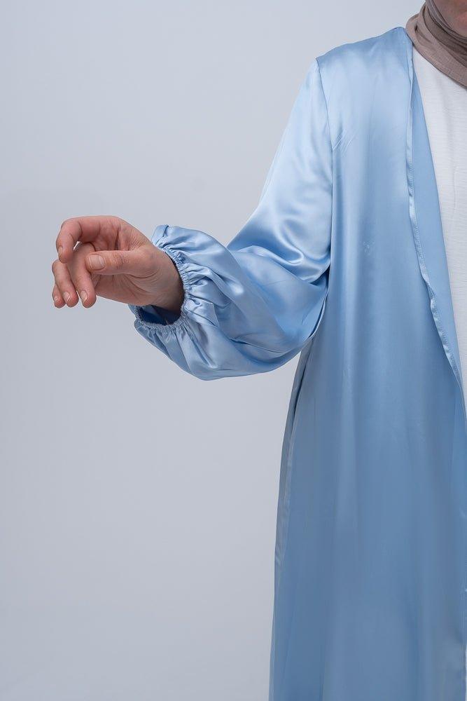 Brontei open front abaya throw over in baby blue with pockets and a detachable belt - ANNAH HARIRI