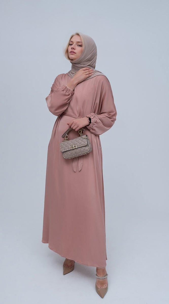 Brontei satin plain abaya dress with long elasticated sleeves and belt - ANNAH HARIRI
