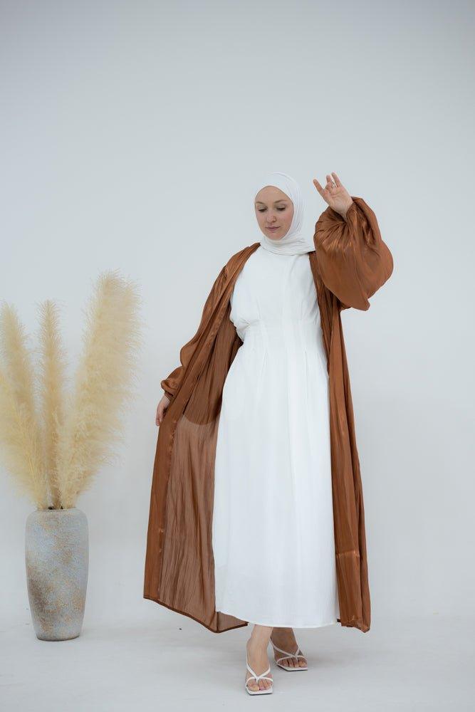 Brown Cchloe open front faux organza abaya with balloon sleeves - ANNAH HARIRI