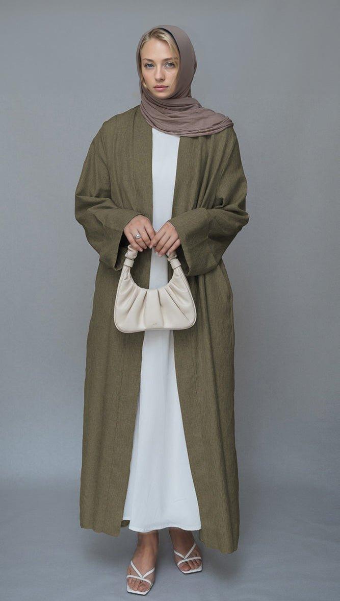 Brown Lounia maxi throw over abaya in light linen fabric with a detachable belt - ANNAH HARIRI