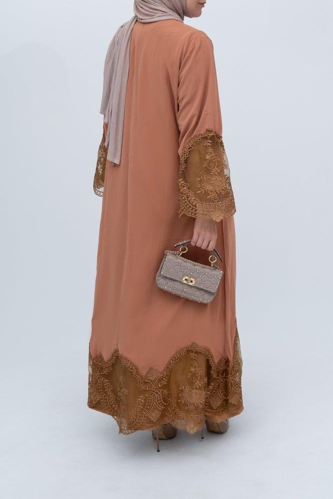 Brown Sheeril classic maxi dress with lace details on skirt and maxi sleeves with tassel belt - ANNAH HARIRI