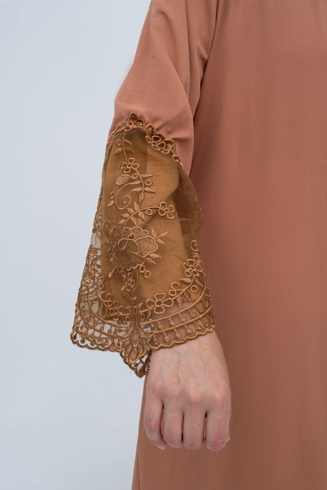 Brown Sheeril classic maxi dress with lace details on skirt and maxi sleeves with tassel belt - ANNAH HARIRI