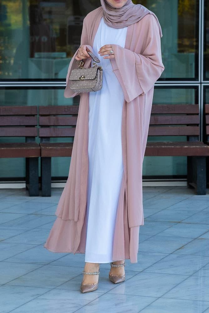 Canddy layered chiffon abaya in blush pink with matching scarf and belt - ANNAH HARIRI