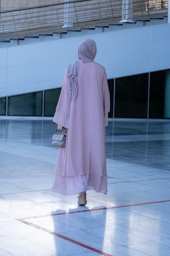 Canddy layered chiffon abaya in blush pink with matching scarf and belt - ANNAH HARIRI