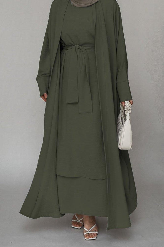Cesta three piece abaya set with ling sleeve slip dress throw over and a belt in green - ANNAH HARIRI