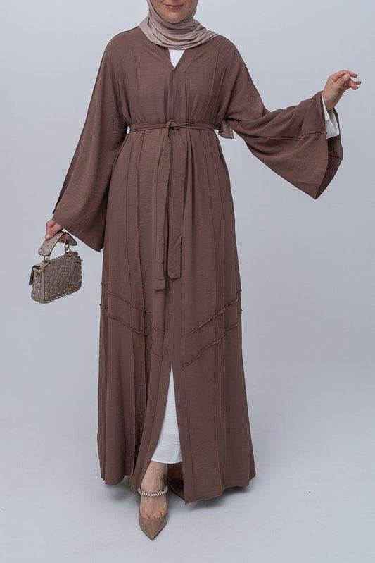 Cintia lightweight abaya throw over with a belt and piping details with maxi kimono sleeves - ANNAH HARIRI