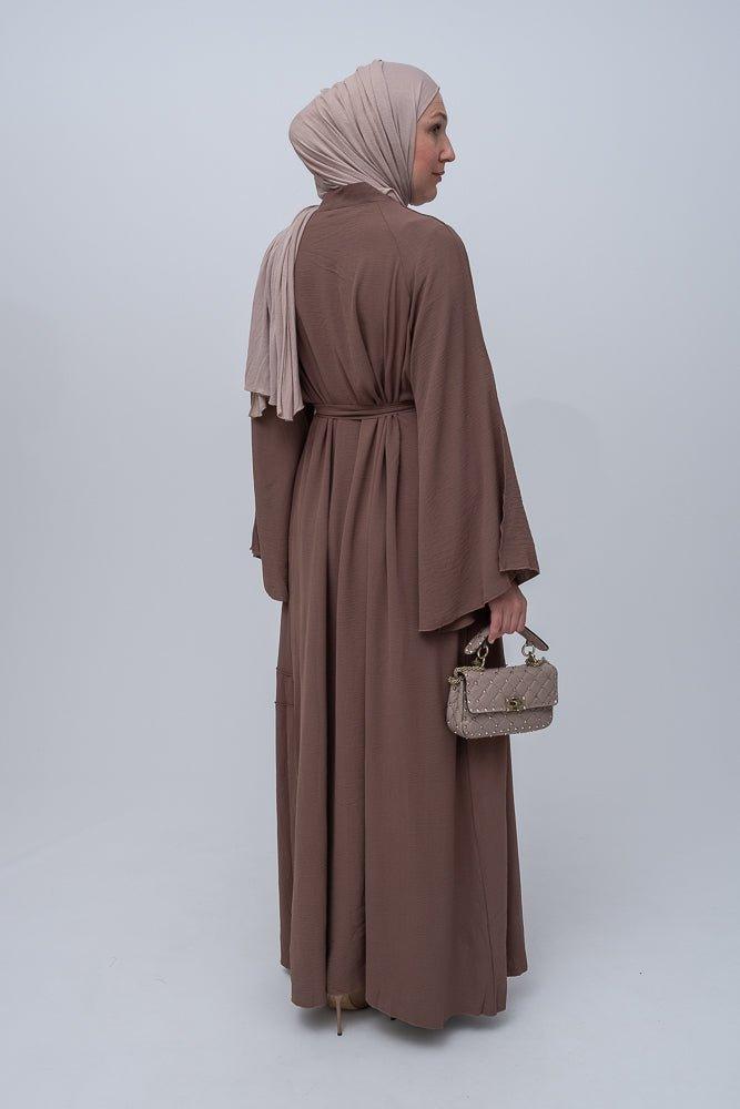 Cintia lightweight abaya throw over with a belt and piping details with maxi kimono sleeves - ANNAH HARIRI