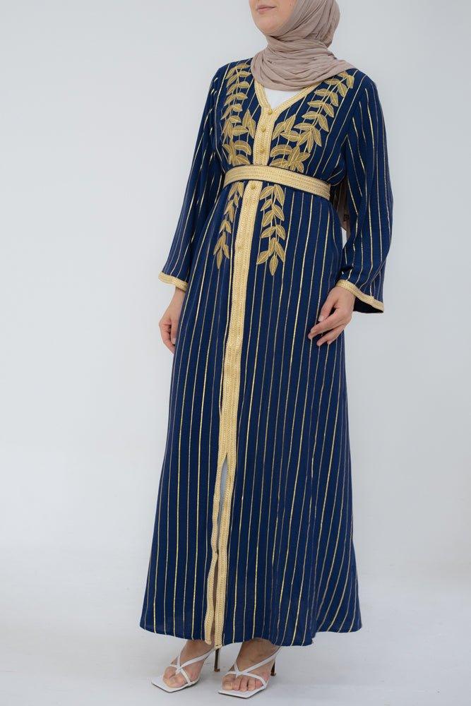 Classic Moroccan kaftan in stripe fabric with golden embroidery and a detachable belt - ANNAH HARIRI