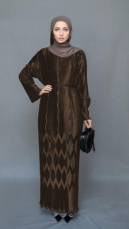 Coffee Pleated maxi pencil dress with a embossed skirt and a string belt in brown - ANNAH HARIRI
