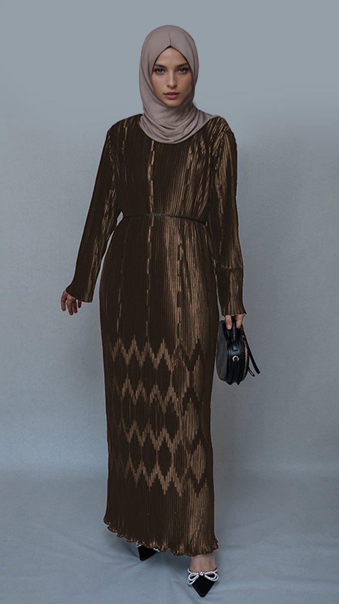 Coffee Pleated maxi pencil dress with a embossed skirt and a string belt in brown - ANNAH HARIRI