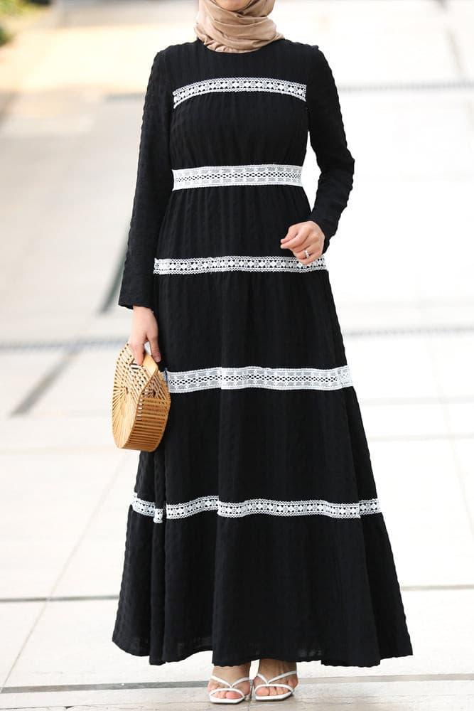 Contrast Boho Dress with lace in cotton black fabric - ANNAH HARIRI