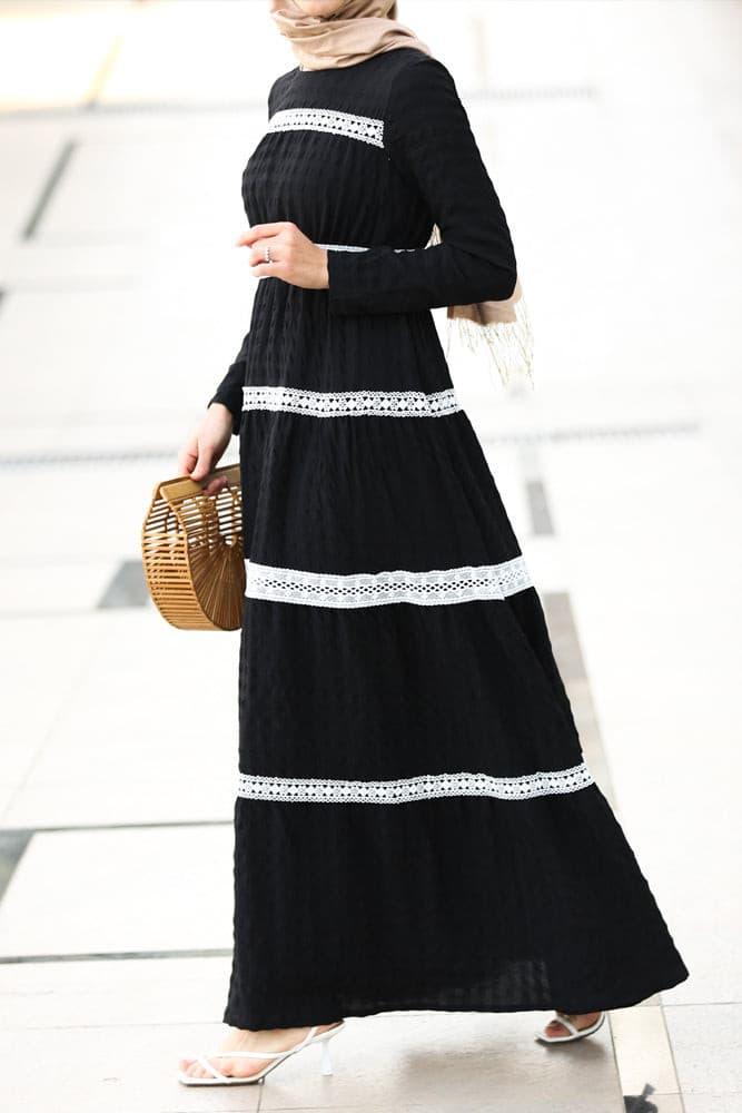 Contrast Boho Dress with lace in cotton black fabric - ANNAH HARIRI