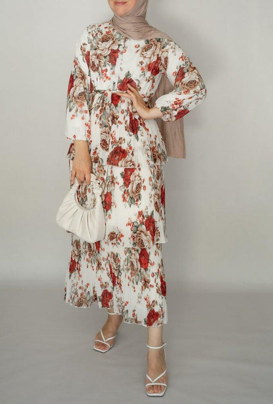 Copacabanaa floral pleated tier skirt dress fully lined with maxi sleeve font button fastening - ANNAH HARIRI
