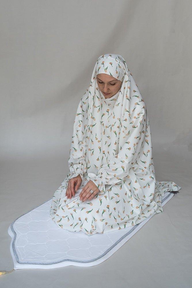 Cotton satin prayer gown in floral tullip print khimar niqab feature - ANNAH HARIRI