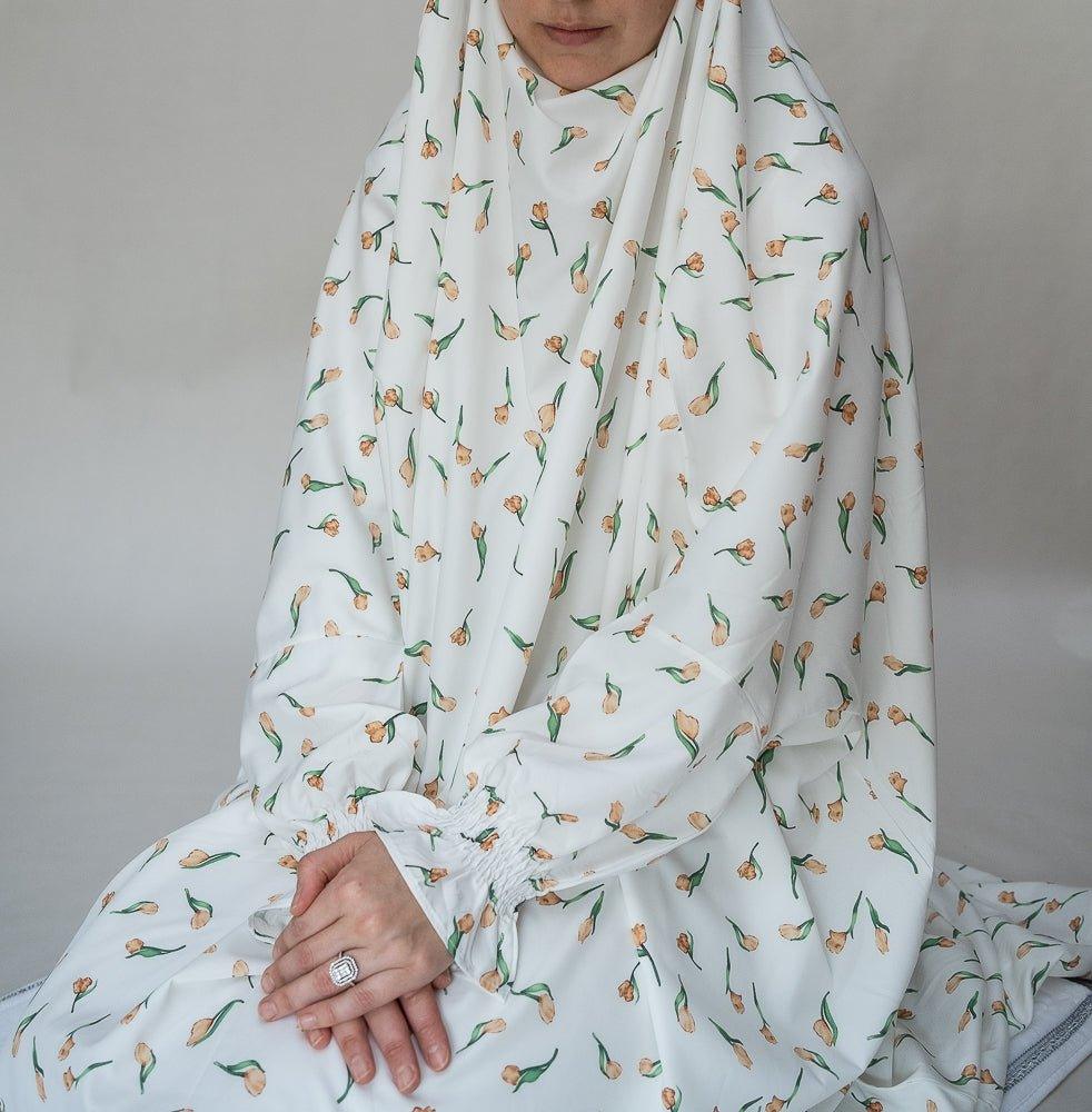 Cotton satin prayer gown in floral tullip print khimar niqab feature - ANNAH HARIRI