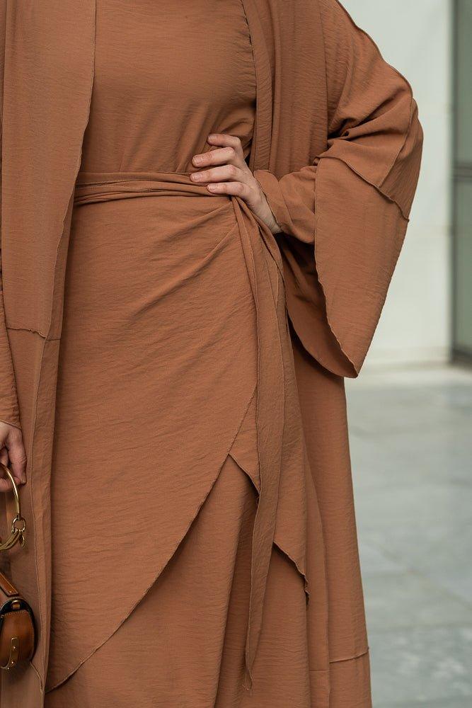 Deluna three piece maxi lightweight abaya in rustic brown - ANNAH HARIRI
