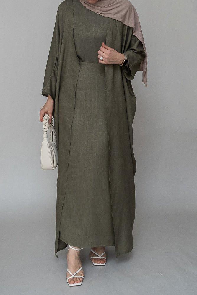 Dinia linen natural fabric 3 piece set with inner slip dress, apron and open front abaya in khaki green - ANNAH HARIRI