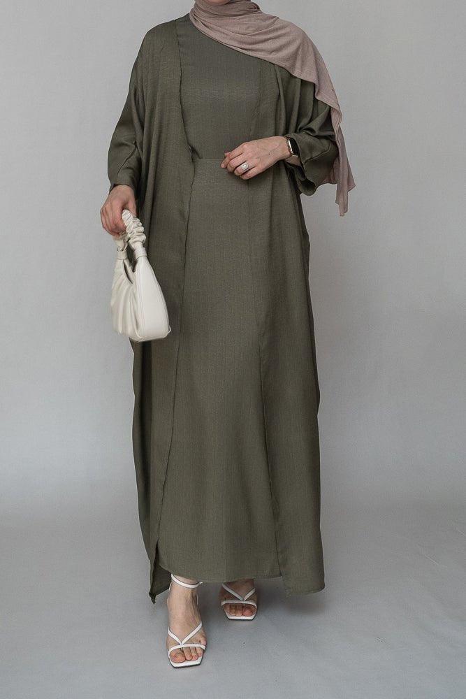 Dinia linen natural fabric 3 piece set with inner slip dress, apron and open front abaya in khaki green - ANNAH HARIRI