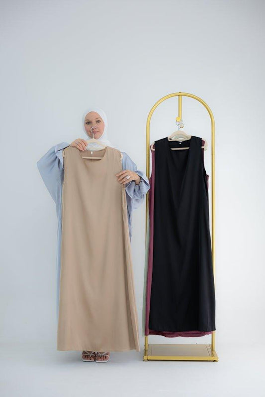 Duniia slip dress maxi length sleeveless in satin fabric in beige khaki color - ANNAH HARIRI