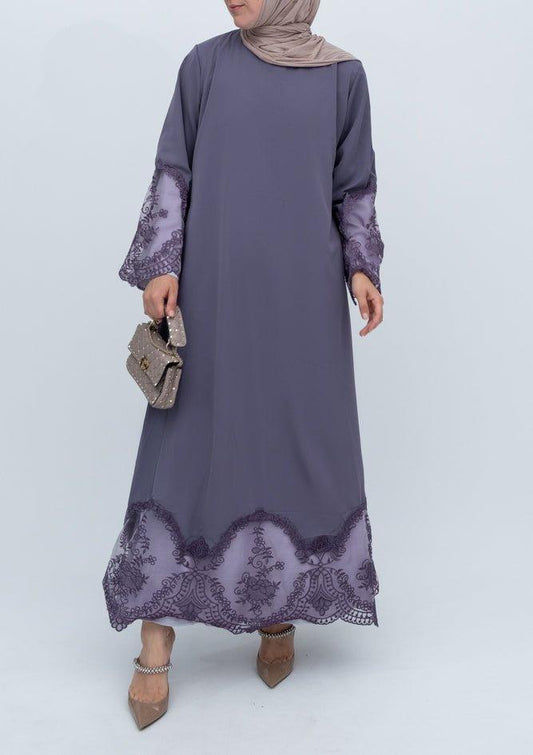 Dusty Purple Sheeril classic maxi dress with lace details on skirt and maxi sleeves with tassel belt - ANNAH HARIRI