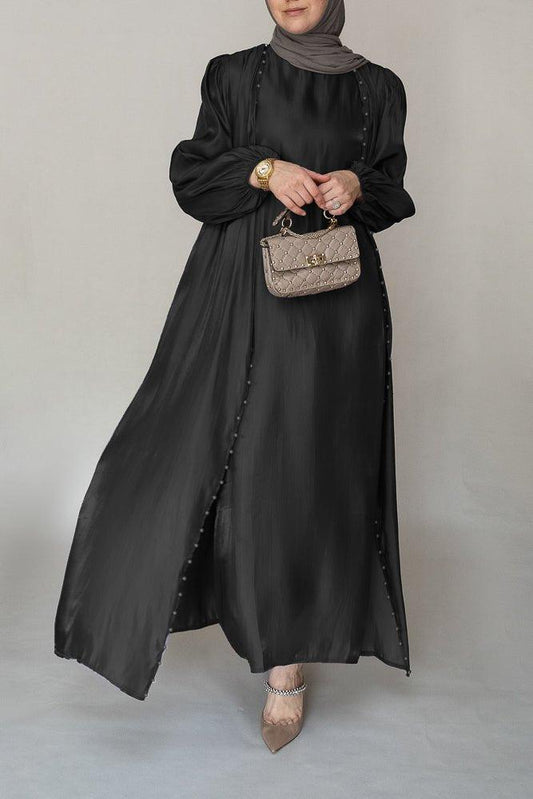 Ell organza like faux pearl abaya with slip dress and detachable belt ramadan eid set in black - ANNAH HARIRI
