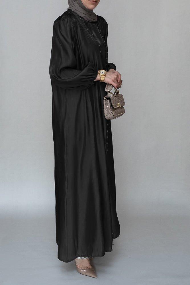 Ell organza like faux pearl abaya with slip dress and detachable belt ramadan eid set in black - ANNAH HARIRI