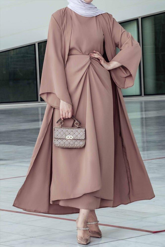 Ellaa 3 piece set with sleevless dress, apron and open front abaya in beige - ANNAH HARIRI