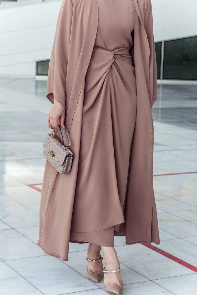 Ellaa 3 piece set with sleevless dress, apron and open front abaya in beige - ANNAH HARIRI