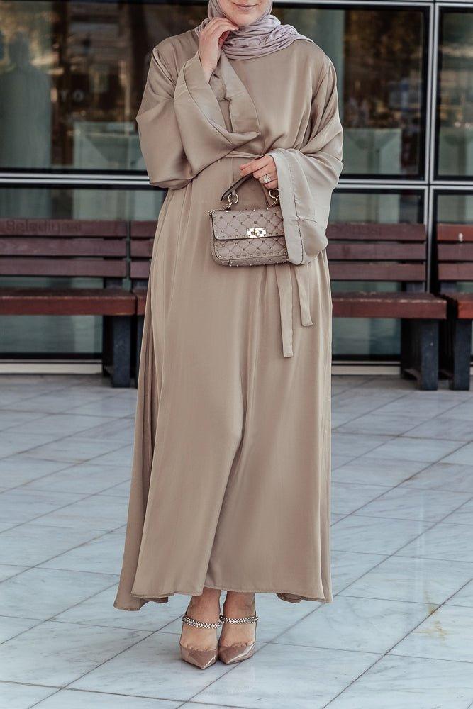Elyna plain lightweight abaya with kimono long sleeve and belt in khaki brown - ANNAH HARIRI
