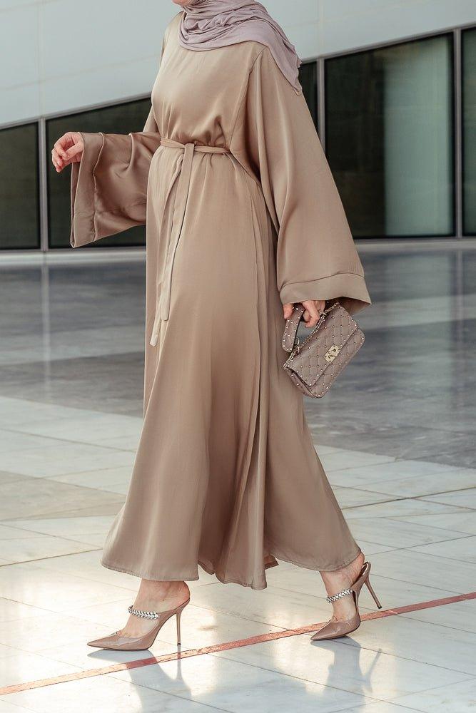 Elyna plain lightweight abaya with kimono long sleeve and belt in khaki brown - ANNAH HARIRI