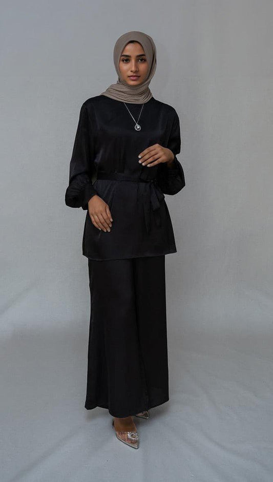 Elzara modest set with spanish cut pants and top petite sizes only in black - ANNAH HARIRI