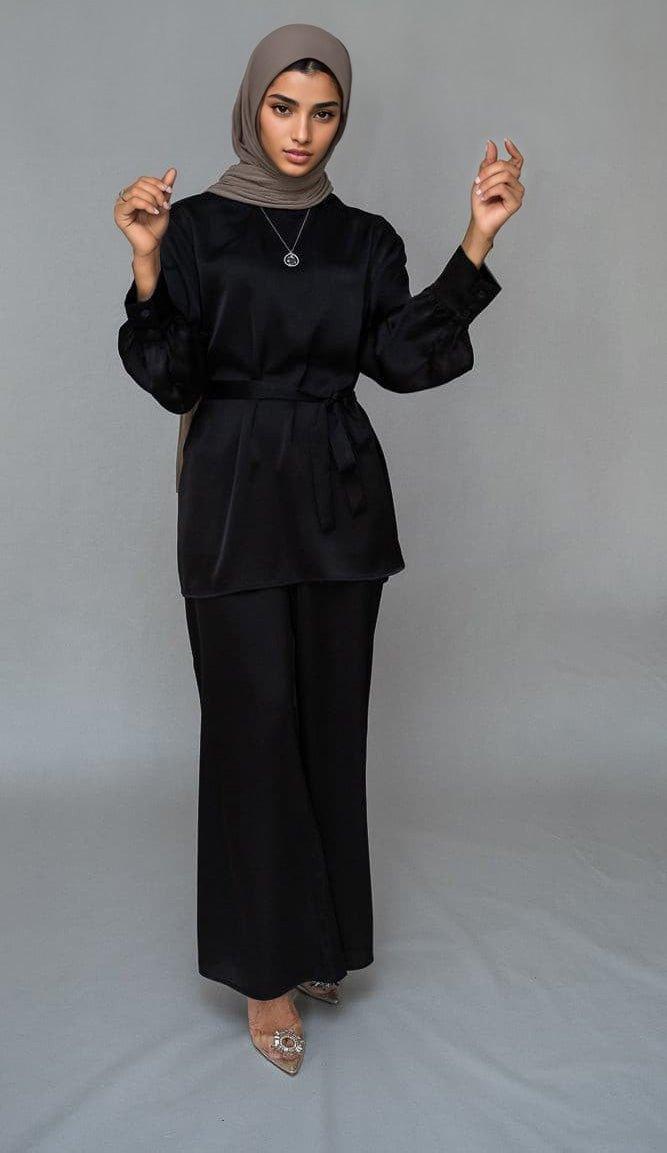 Elzara modest set with spanish cut pants and top petite sizes only in black - ANNAH HARIRI