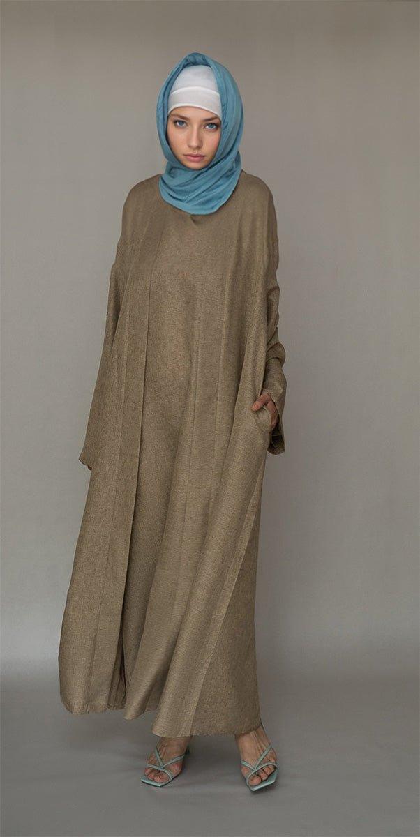 Emberr slip abaya dress in bisht fabric in khaki - ANNAH HARIRI