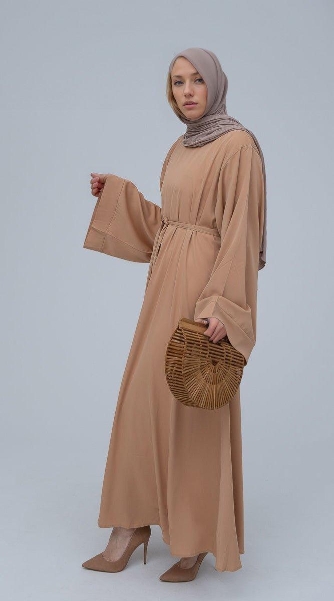 Fareeda beige nude basic abaya dress with kimono sleeve in maxi length - ANNAH HARIRI