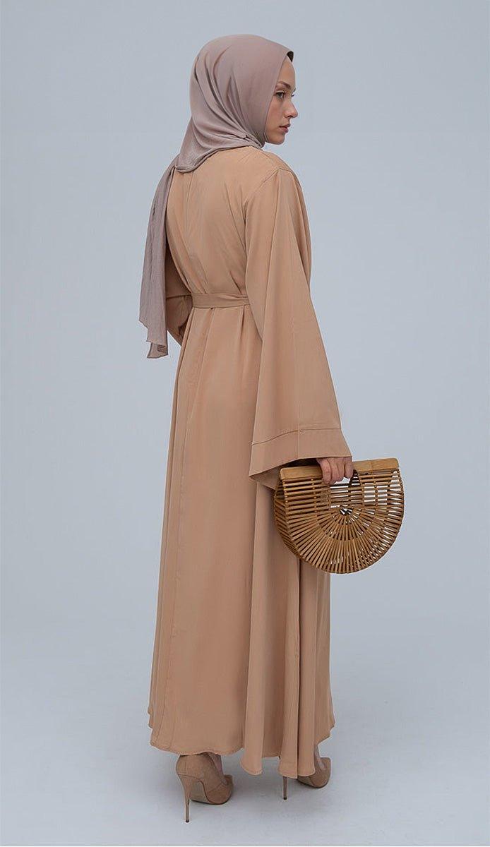 Fareeda beige nude basic abaya dress with kimono sleeve in maxi length - ANNAH HARIRI