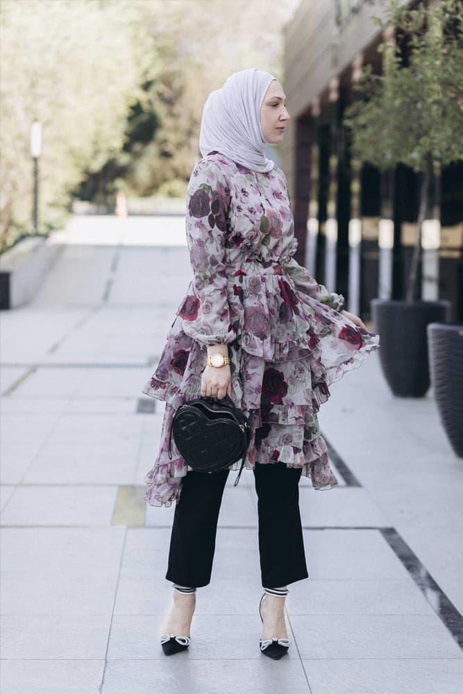 Felici chiffon tunic with ruffle detail with long sleeve in mixed floral print - ANNAH HARIRI