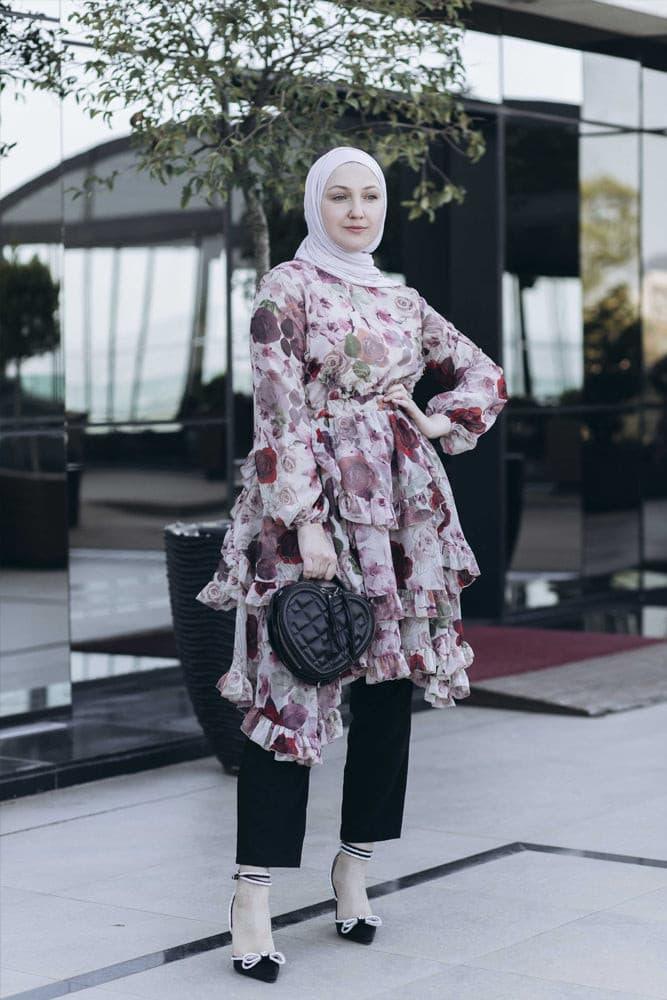 Felici chiffon tunic with ruffle detail with long sleeve in mixed floral print - ANNAH HARIRI