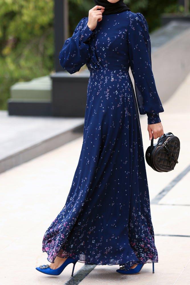 Firella viscose drape ruffle Maxi dress with baloon long sleeves in blue floral print - ANNAH HARIRI