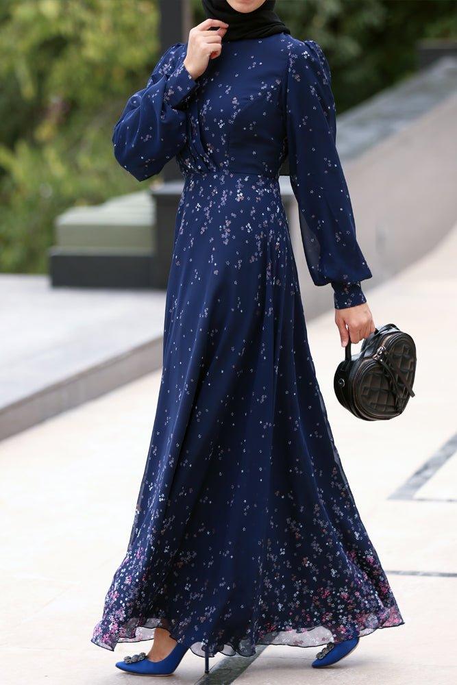 Firella viscose drape ruffle Maxi dress with baloon long sleeves in blue floral print - ANNAH HARIRI