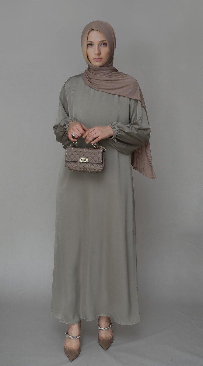 Fleeur maxi abaya dress with detached apron elasticated sleeve like tie waist piece in satin green - ANNAH HARIRI