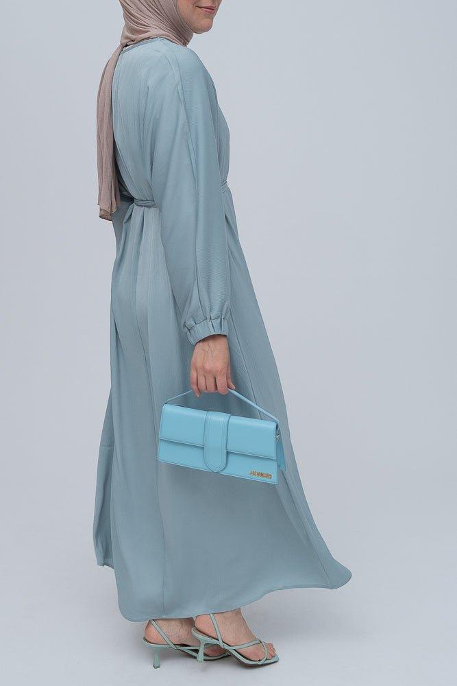 Foreste satin plain abaya dress with long elasticated sleeves and belt - ANNAH HARIRI