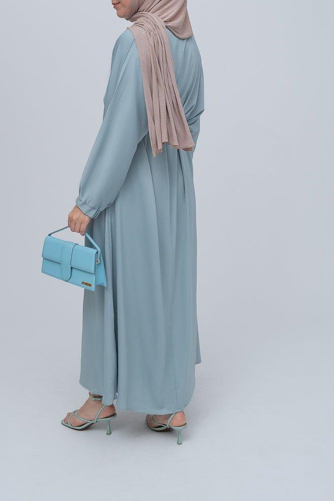 Foreste satin plain abaya dress with long elasticated sleeves and belt - ANNAH HARIRI
