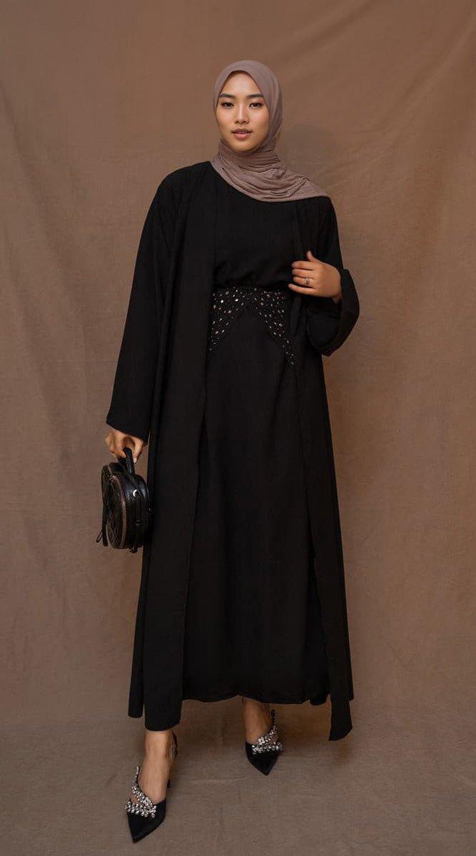Frasiah 3 piece abaya in black with embroidery apron piece - ANNAH HARIRI