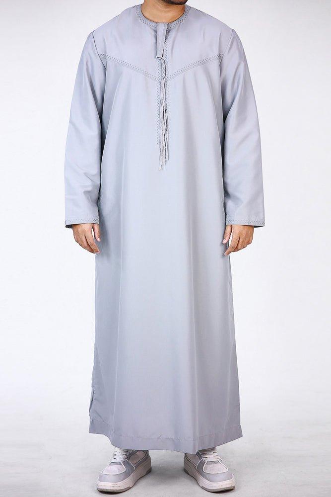 Gray Blue Men's Classic Style Thobe With Collar Islamic Clothing For Prayer and Eid - ANNAH HARIRI