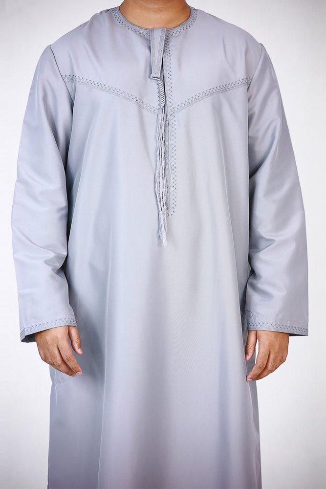 Gray Blue Men's Classic Style Thobe With Collar Islamic Clothing For Prayer and Eid - ANNAH HARIRI