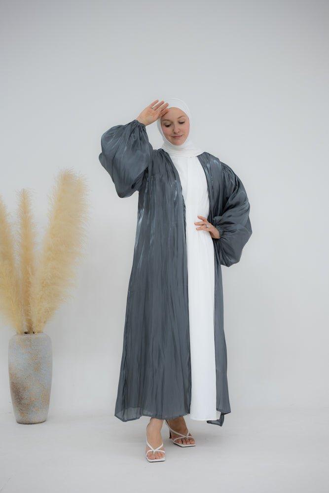 Gray Cchloe open front faux organza abaya with balloon sleeves - ANNAH HARIRI