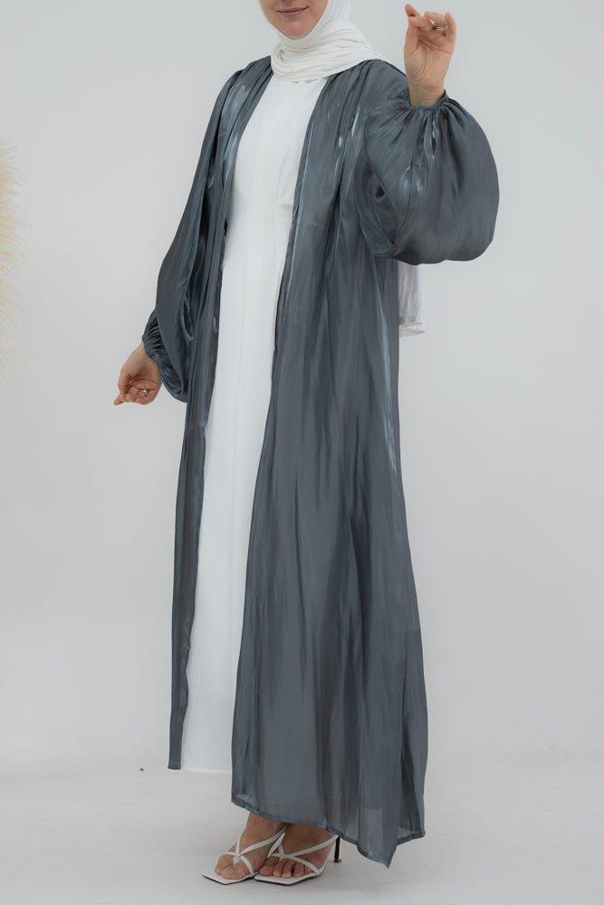 Gray Cchloe open front faux organza abaya with balloon sleeves - ANNAH HARIRI
