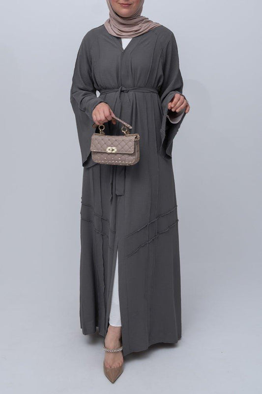 Gray Cintia lightweight abaya throw over with a belt and piping details with maxi kimono sleeves - ANNAH HARIRI